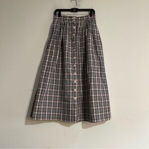 Vintage Pink Black Plaid Checkered Button Midi Skirt Preppy Rockabilly Retro